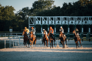 Jockeys riding horses on a racing track